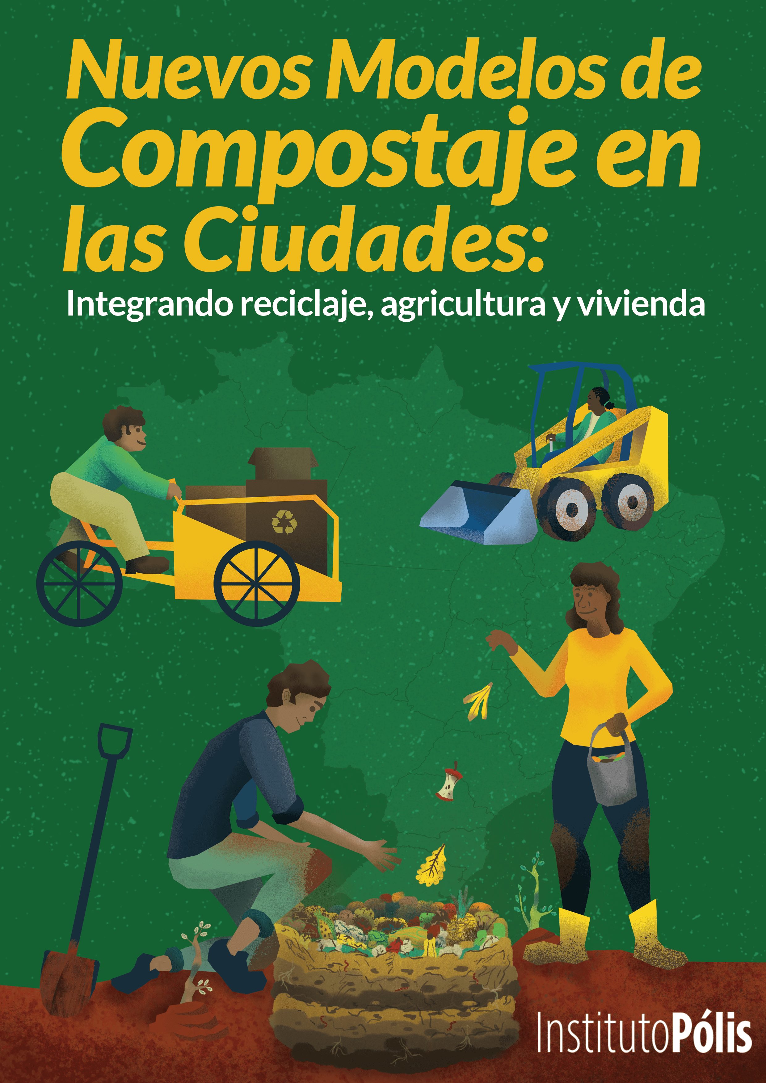 Portada ilustrada con fondo verde y cuatro personajes que representan recicladores y personas compostando.
