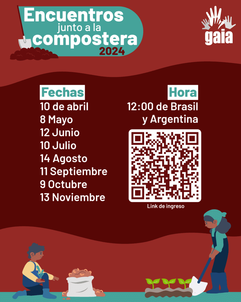 arriba con título, a la derecha logo de GAIA y bajo ilustraciones. Un niño incado con un saco y a la derecha una mujer plantando vegetales