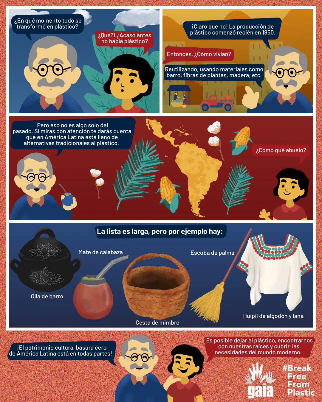 historia ilustada. Abuelo y niña. Mapa de américa latina con elementos tradicionales. Olla negra, cesta, mate escoba y ropa.