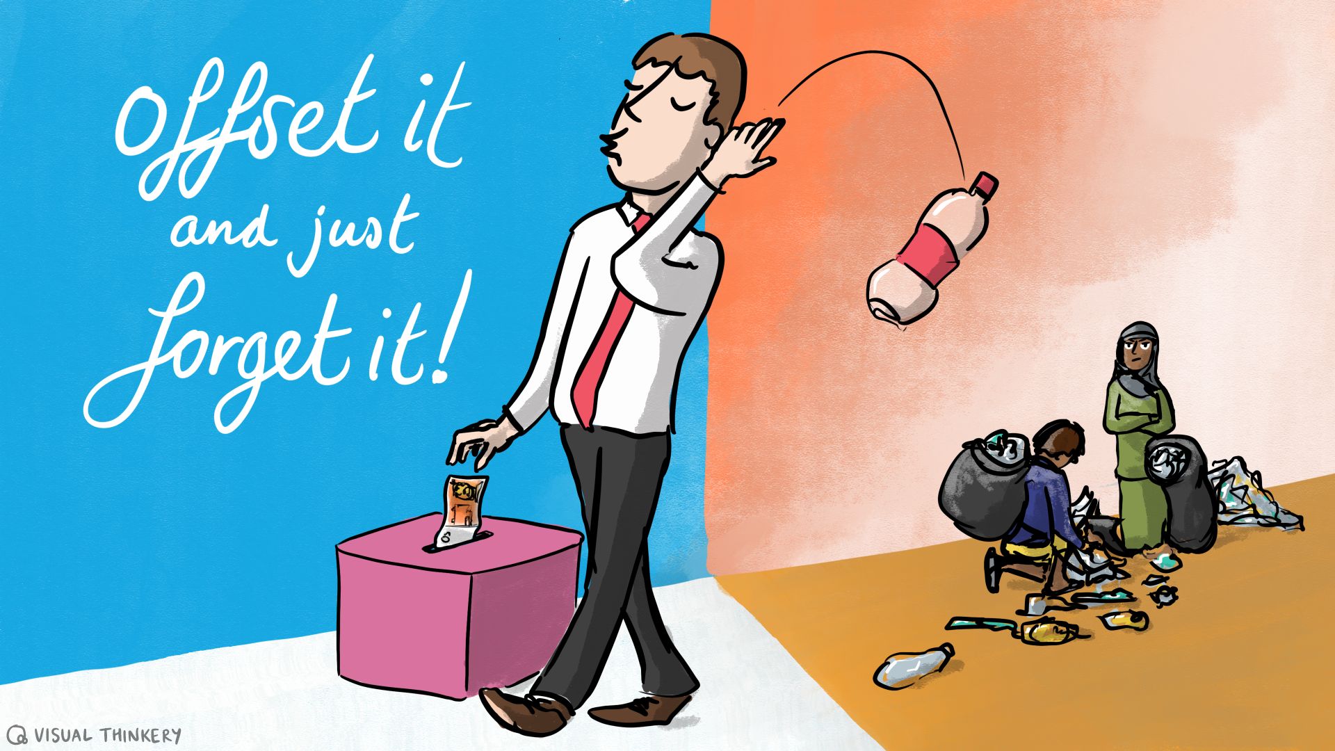 person tossing away plastic bottle text: offset it and just forget it!