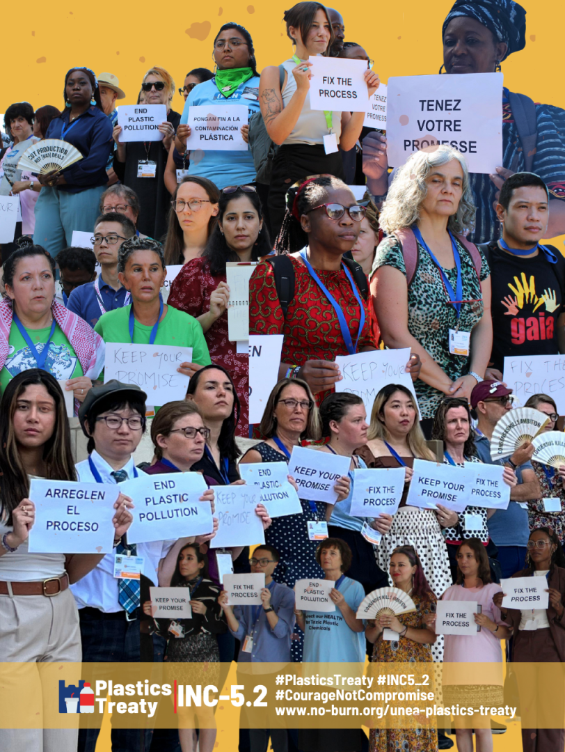 Civil society observers holding signages that read: Fix the process. Keep your promise. End plastic pollution!