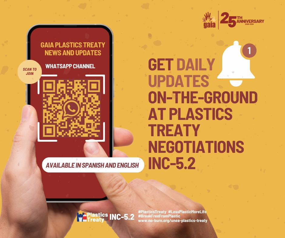 Get daily updates on-the-ground at plastics treaty negotiations INC 5.2

Available in English and Spanish.

QR code that leads to a whatsapp channel for daily updates